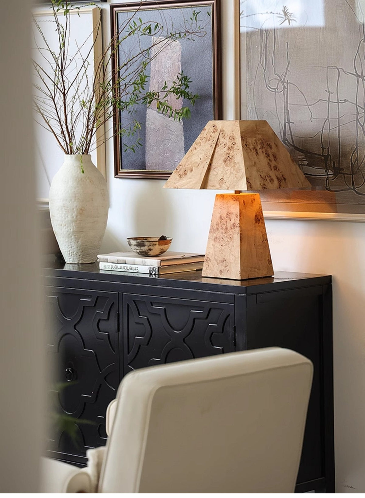 Burl Wood Pyramid Table Lamp