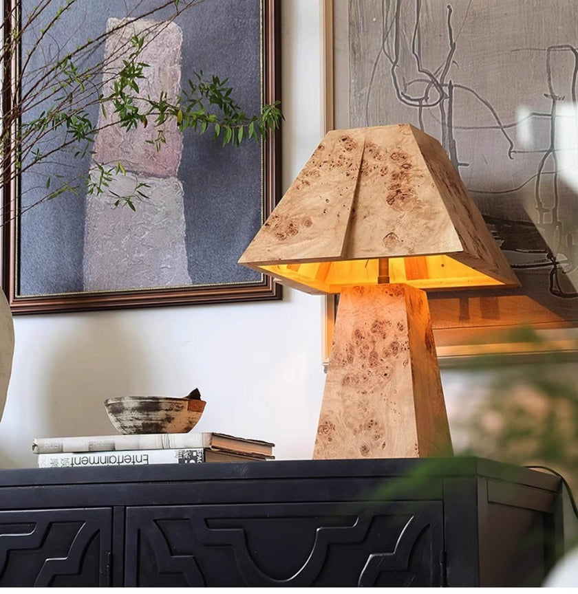 Burl Wood Pyramid Table Lamp