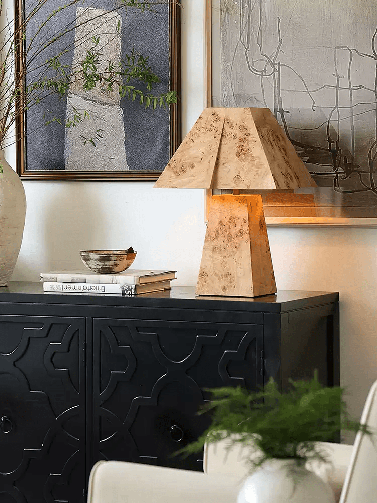 Burl Wood Pyramid Table Lamp