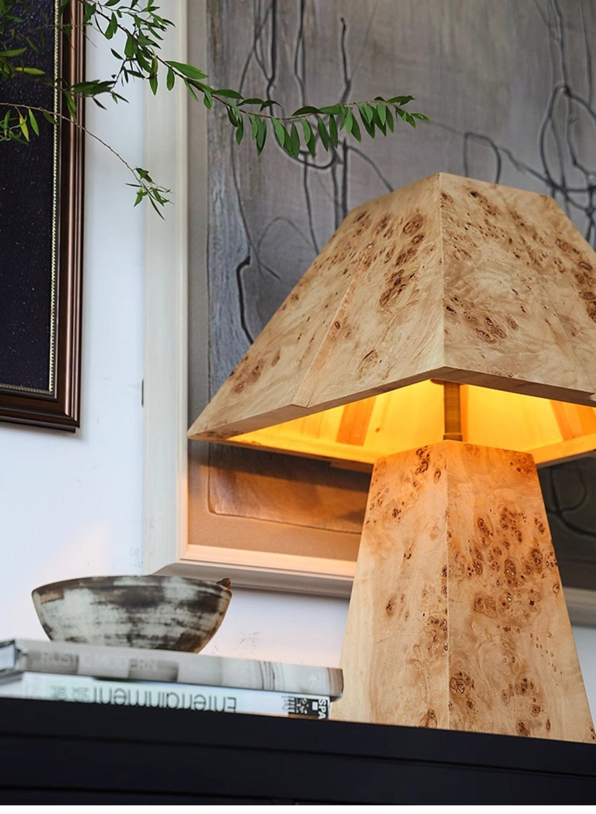 Burl Wood Pyramid Table Lamp