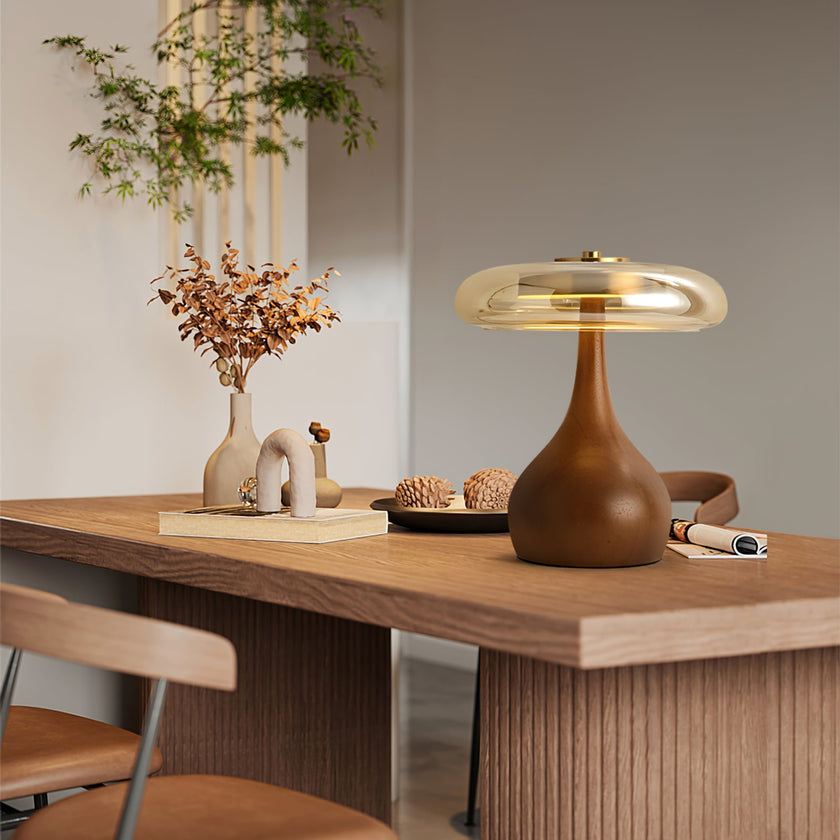 Mid-century Brass Glass Wood Table Lamp