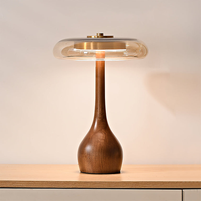 Mid-century Brass Glass Wood Table Lamp
