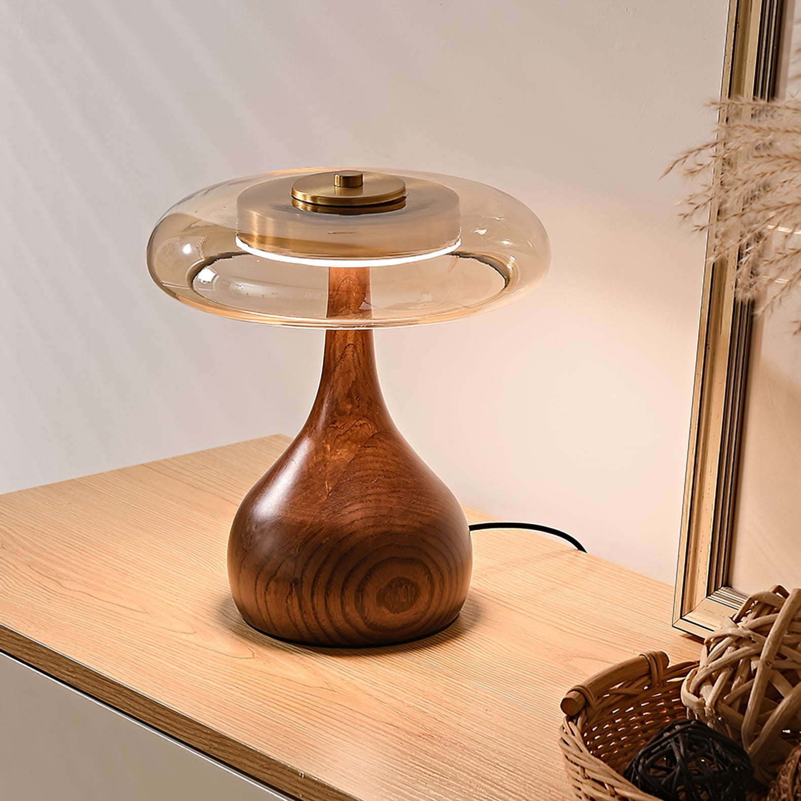 Mid-century Brass Glass Wood Table Lamp