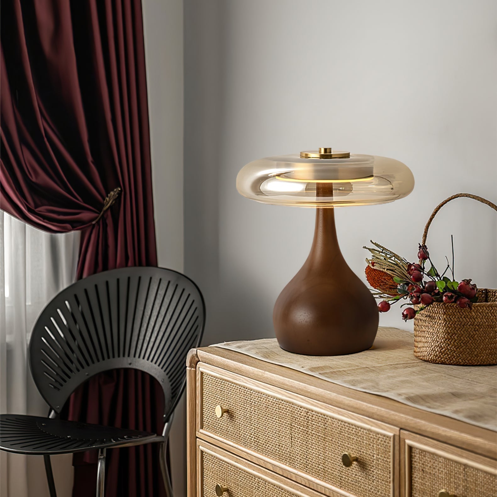 Mid-century Brass Glass Wood Table Lamp
