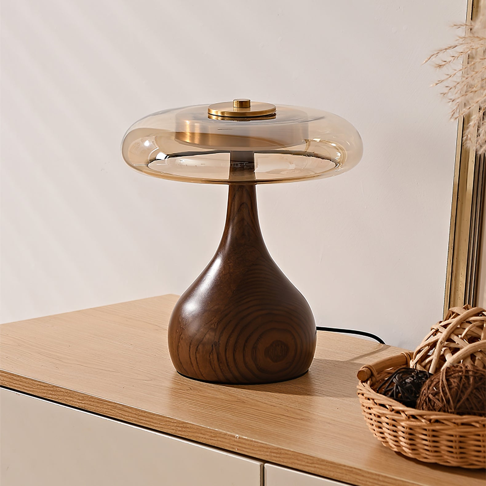 Mid-century Brass Glass Wood Table Lamp