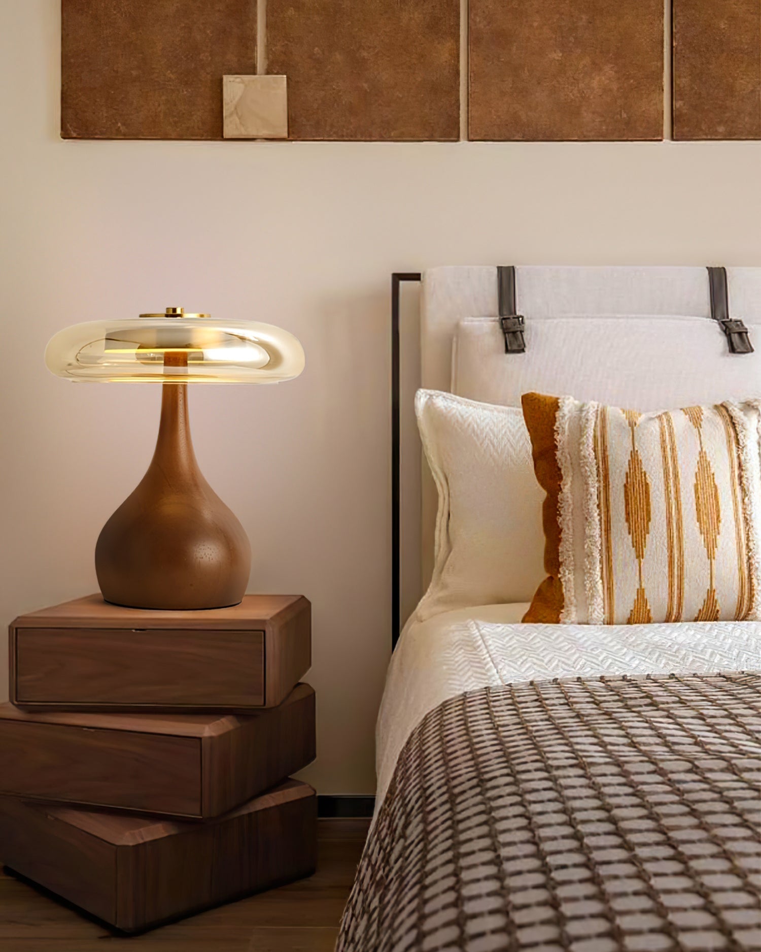 Mid-century Brass Glass Wood Table Lamp