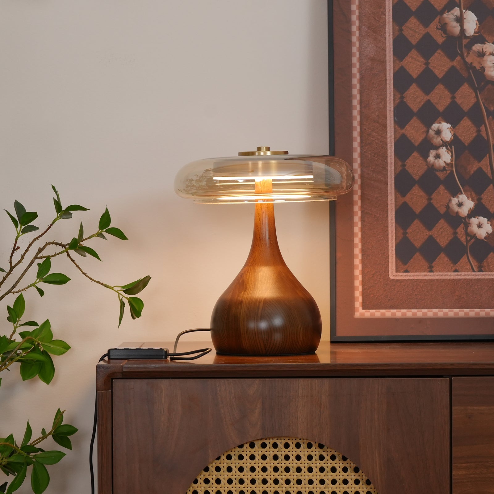 Mid-century Brass Glass Wood Table Lamp