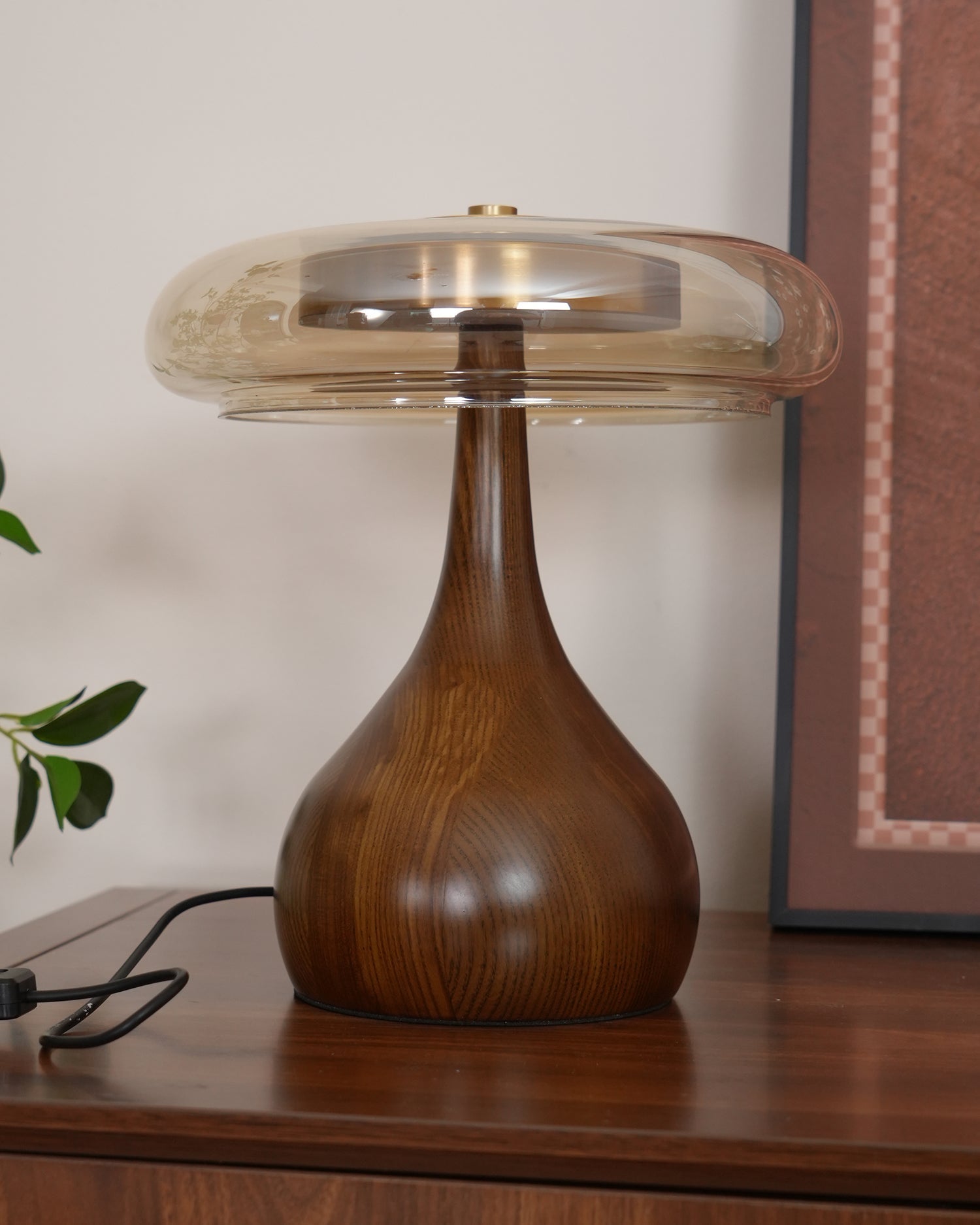 Mid-century Brass Glass Wood Table Lamp