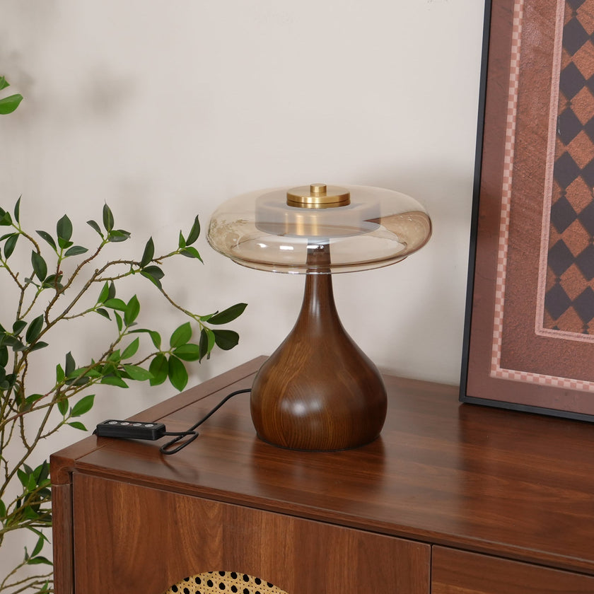 Mid-century Brass Glass Wood Table Lamp