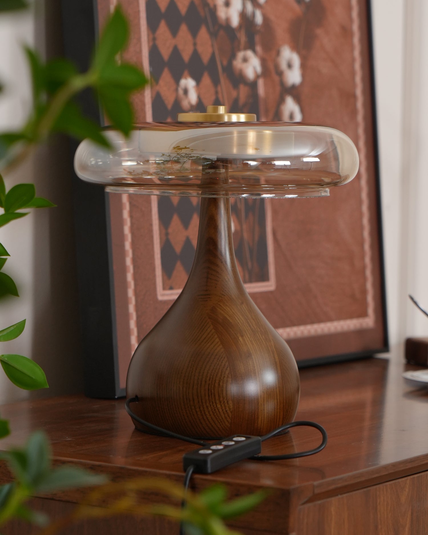 Mid-century Brass Glass Wood Table Lamp