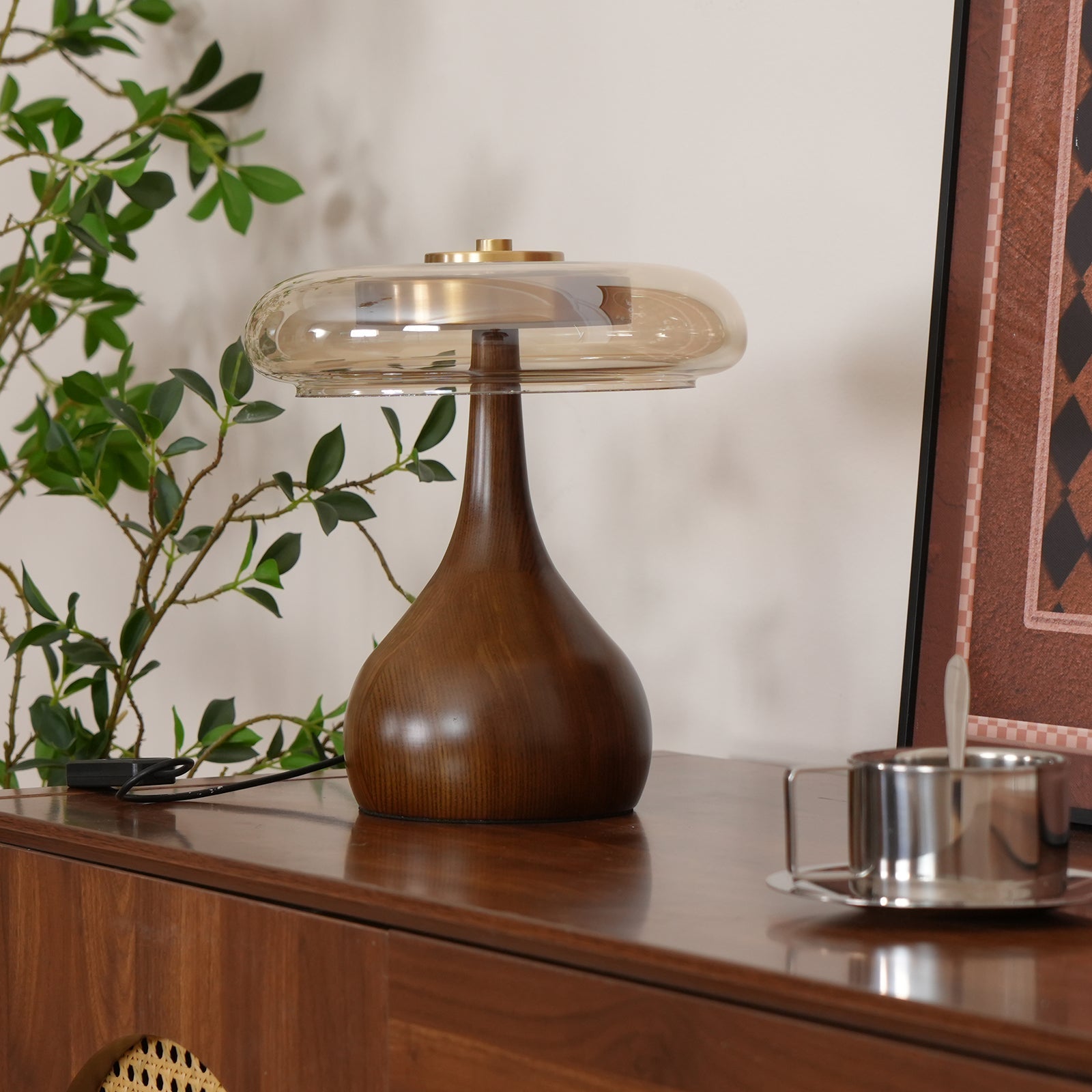 Mid-century Brass Glass Wood Table Lamp