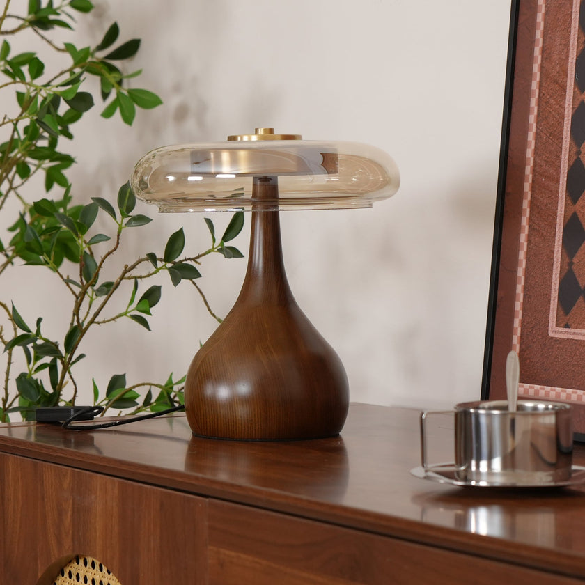 Mid-century Brass Glass Wood Table Lamp