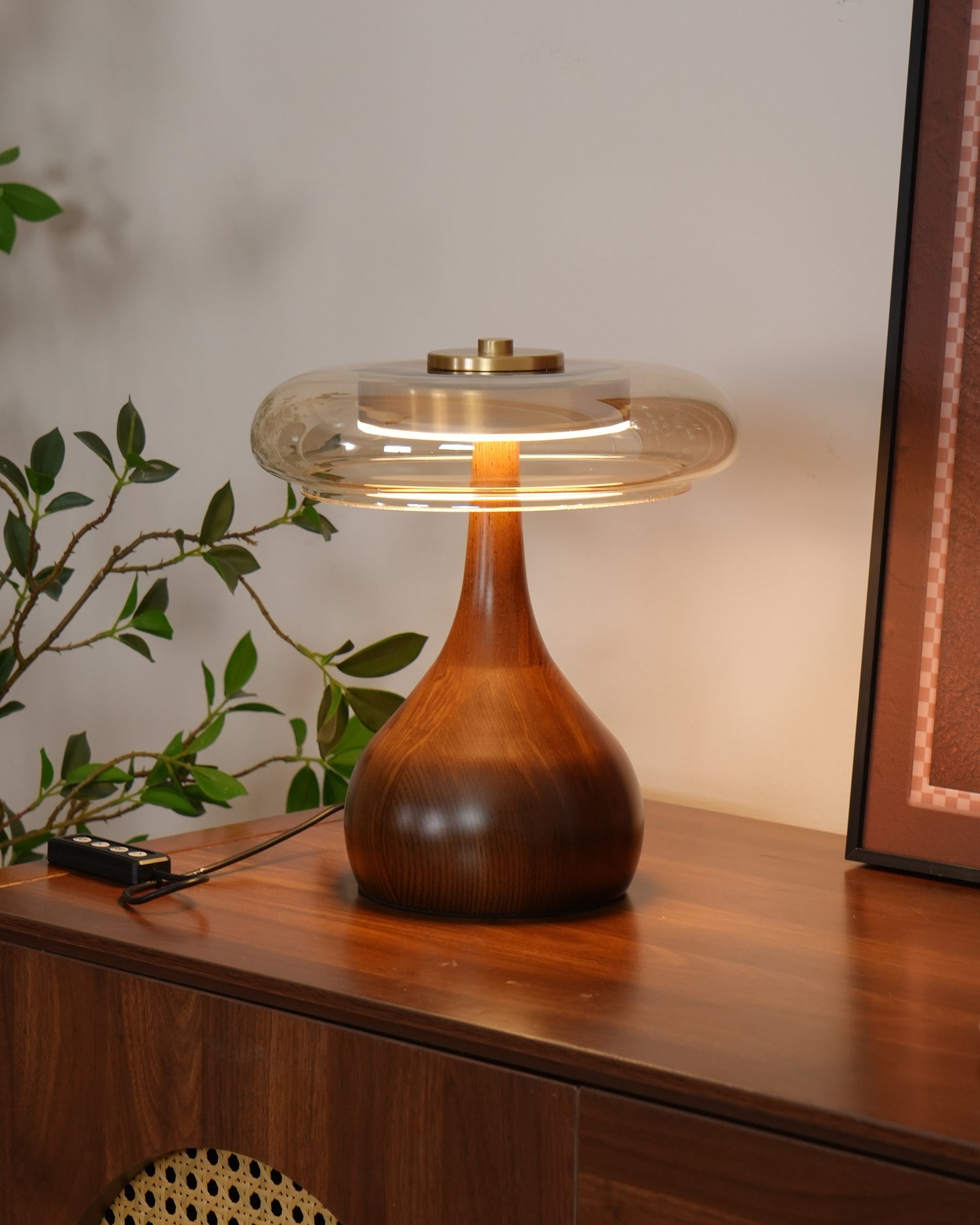 Mid-century Brass Glass Wood Table Lamp
