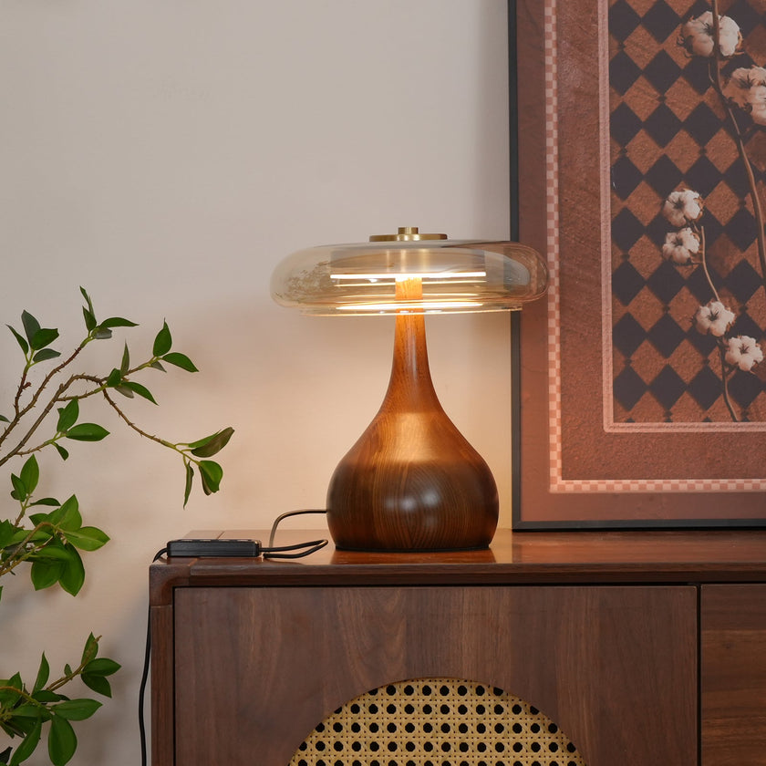 Mid-century Brass Glass Wood Table Lamp