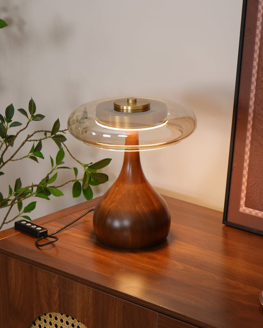 Mid-century Brass Glass Wood Table Lamp