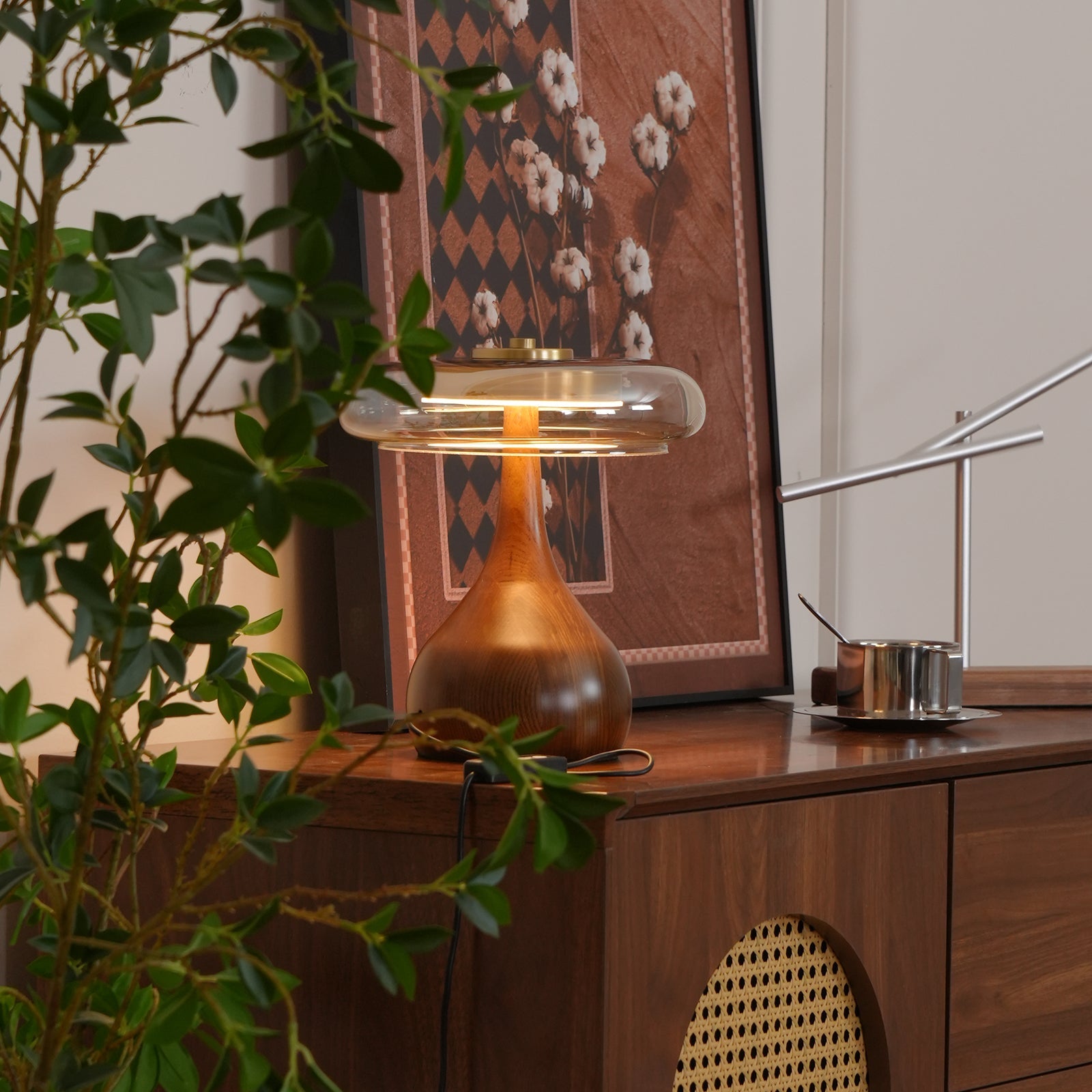 Mid-century Brass Glass Wood Table Lamp