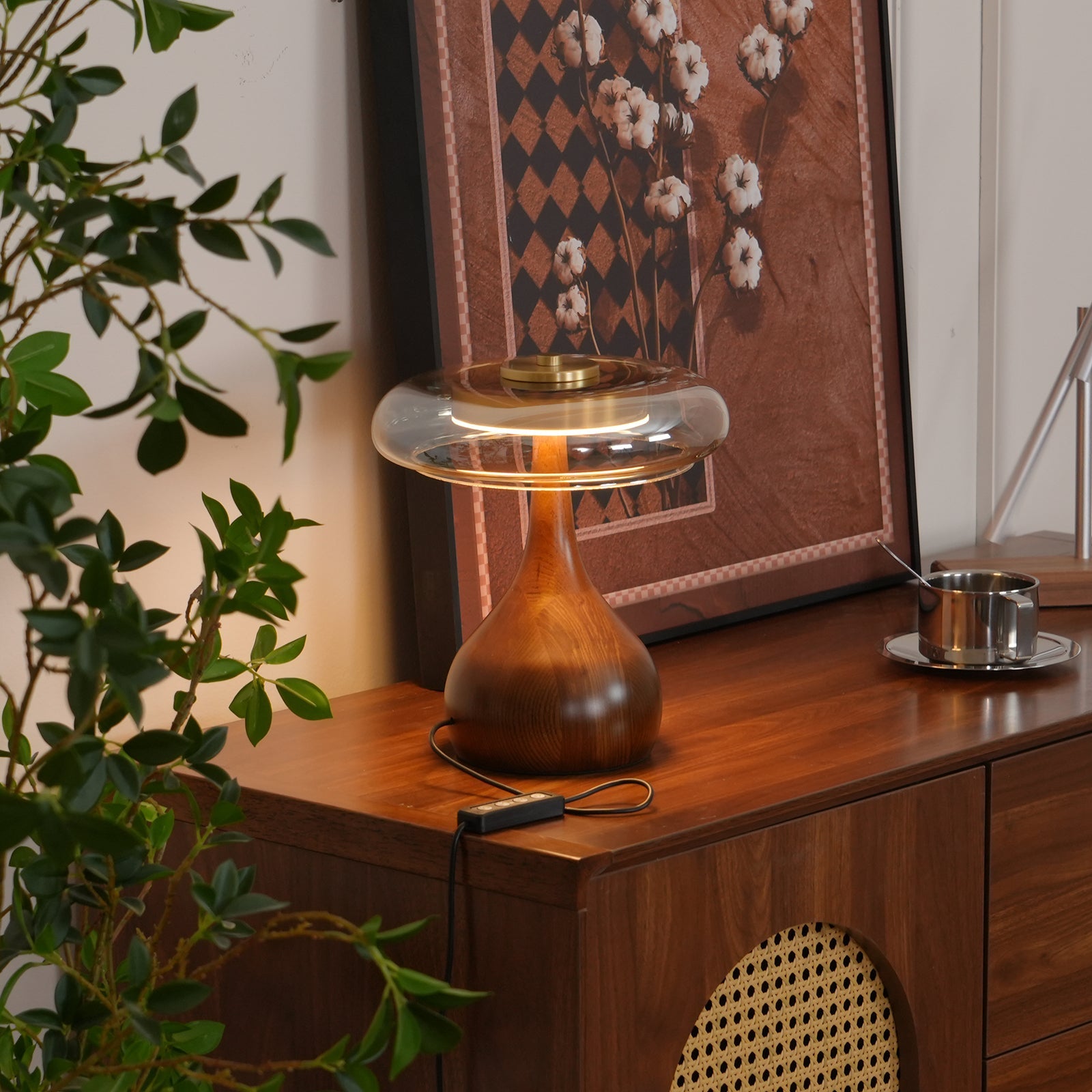 Mid-century Brass Glass Wood Table Lamp