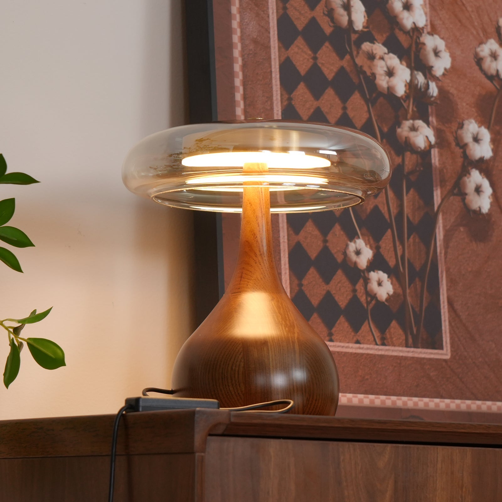 Mid-century Brass Glass Wood Table Lamp