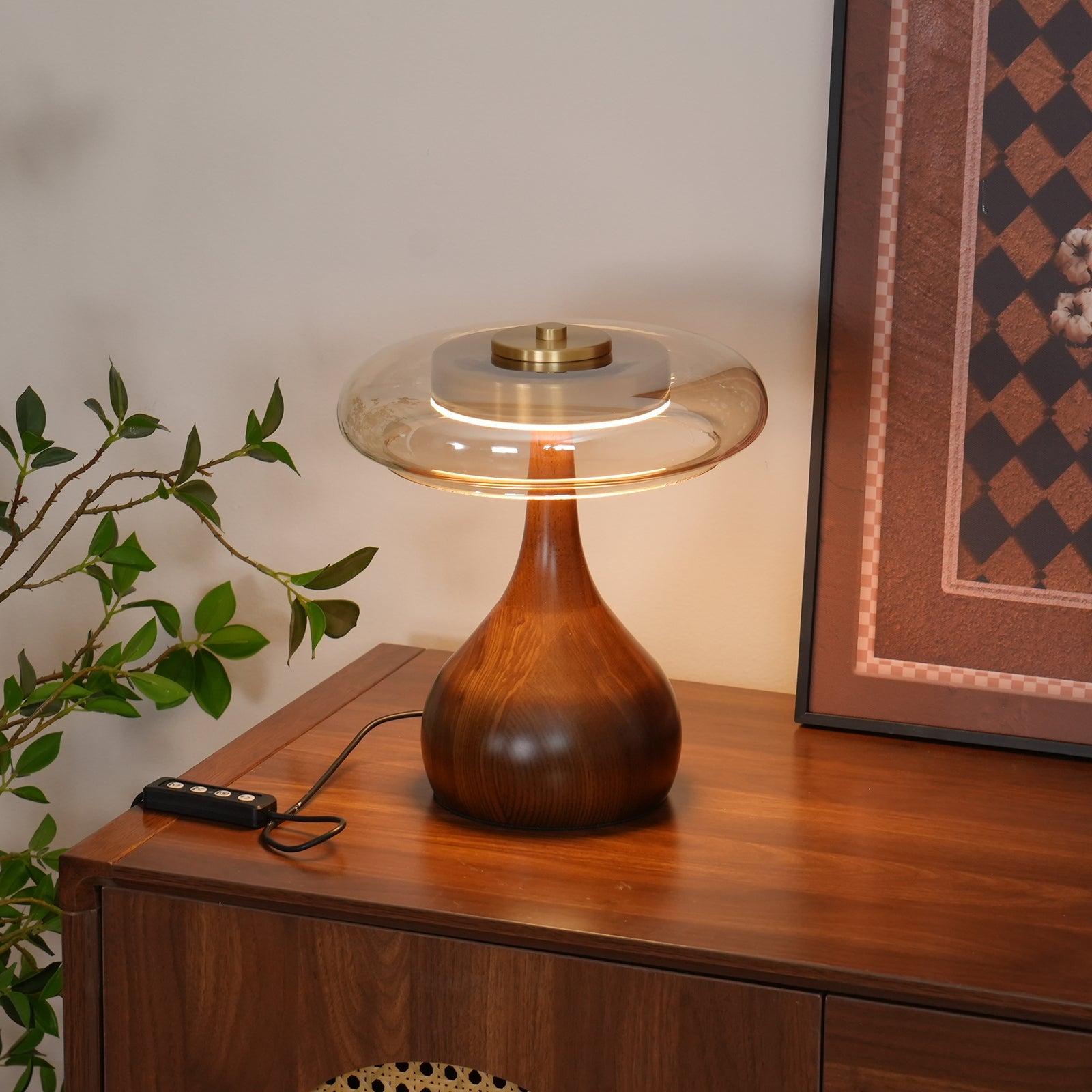 Mid-century Brass Glass Wood Table Lamp