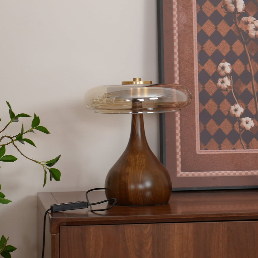 Mid-century Brass Glass Wood Table Lamp