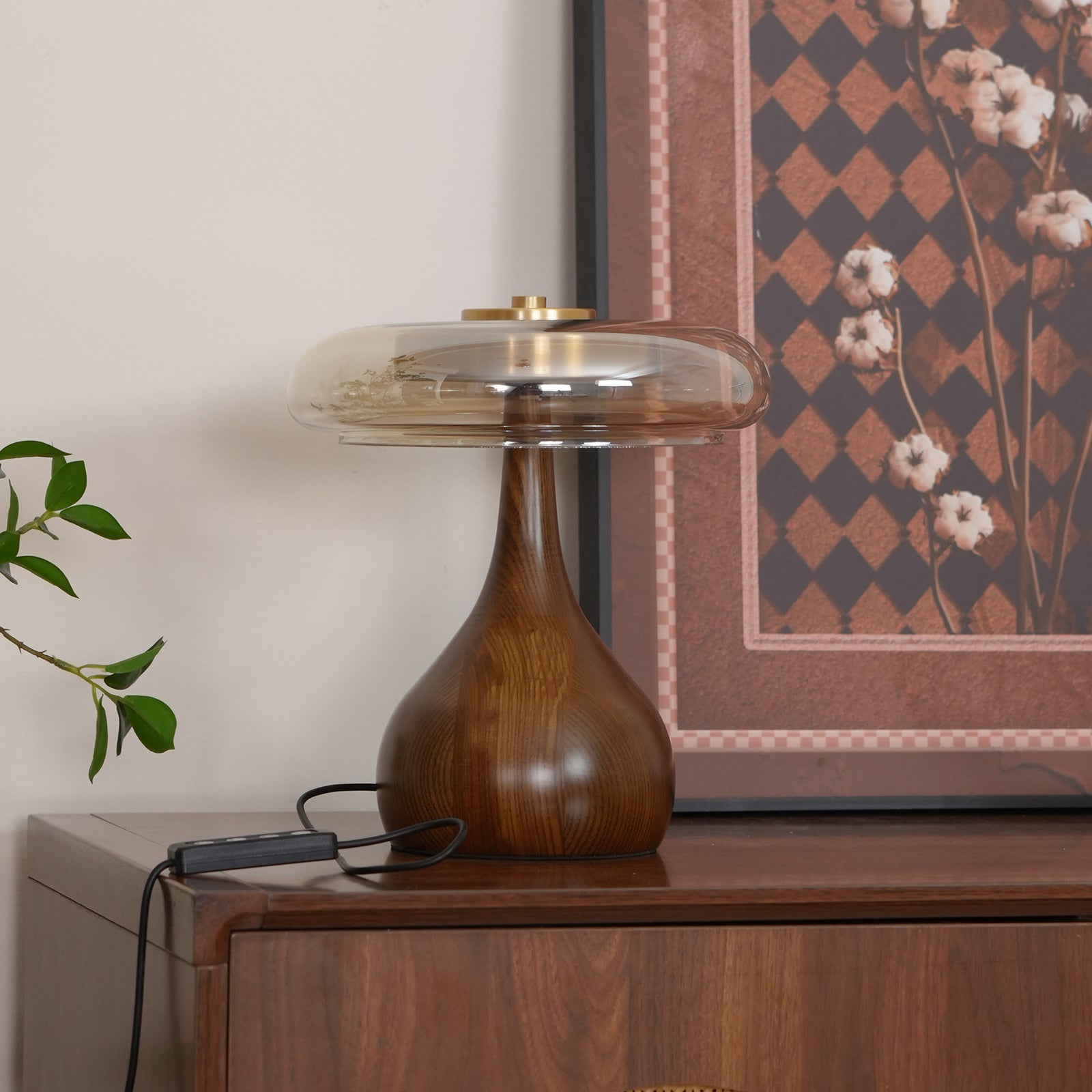 Mid-century Brass Glass Wood Table Lamp