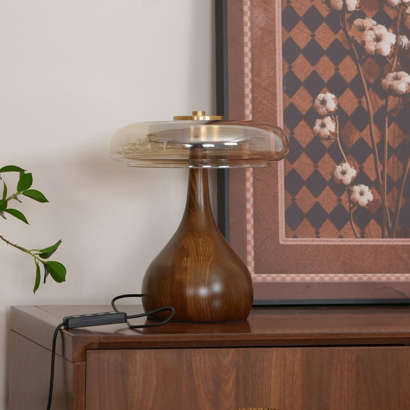 Mid-century Brass Glass Wood Table Lamp