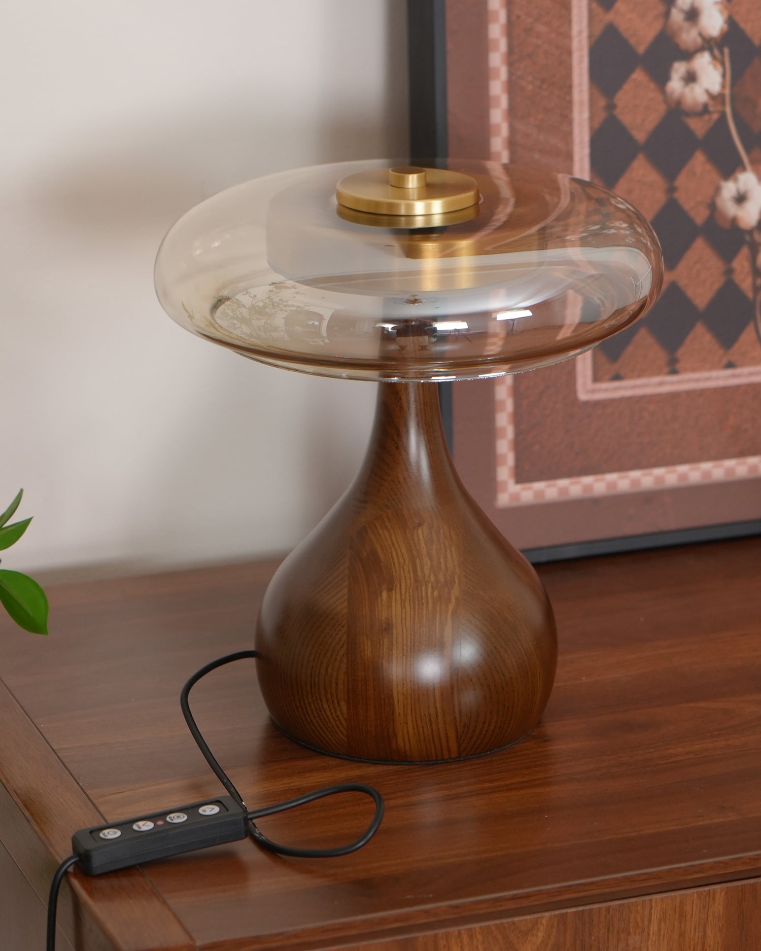 Mid-century Brass Glass Wood Table Lamp