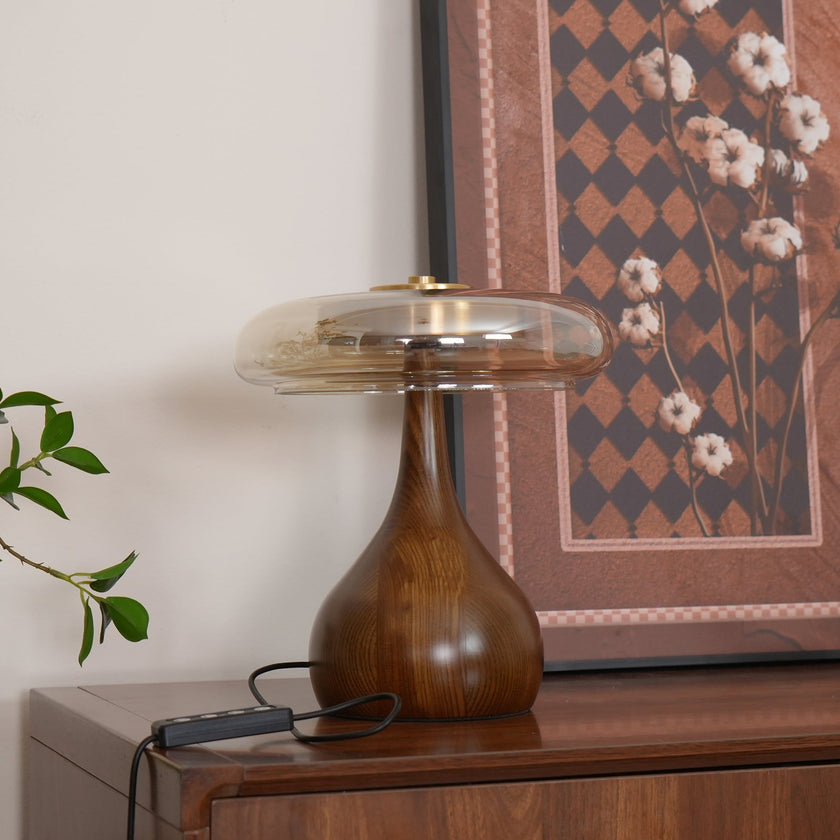 Mid-century Brass Glass Wood Table Lamp