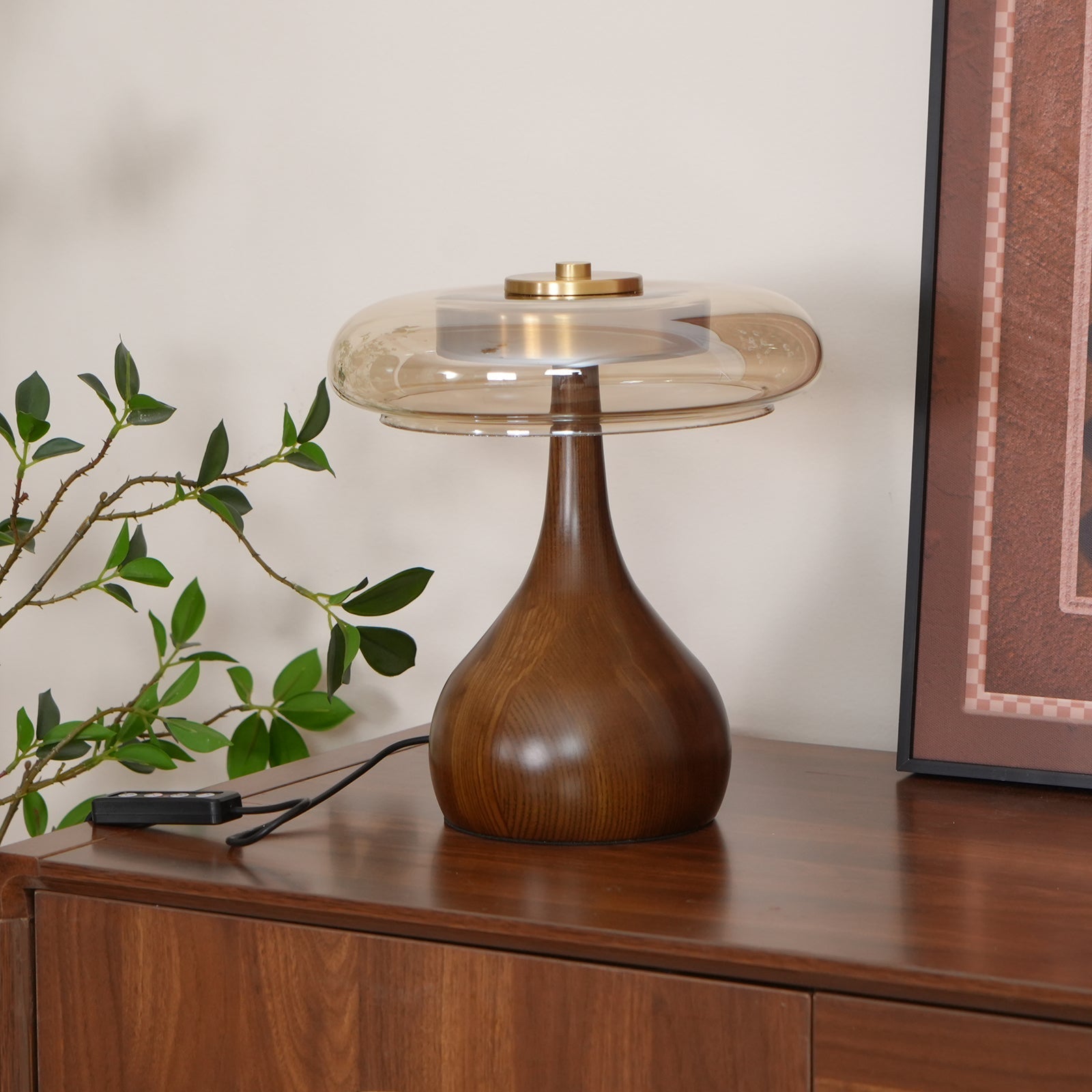 Mid-century Brass Glass Wood Table Lamp