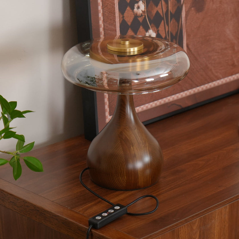 Mid-century Brass Glass Wood Table Lamp