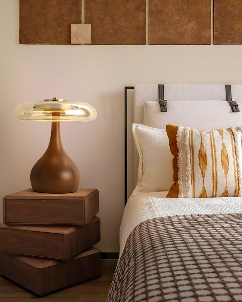 Mid-century Brass Glass Wood Table Lamp