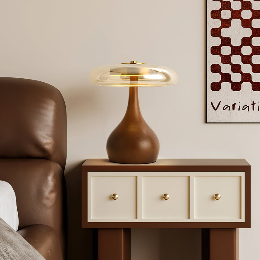 Mid-century Brass Glass Wood Table Lamp