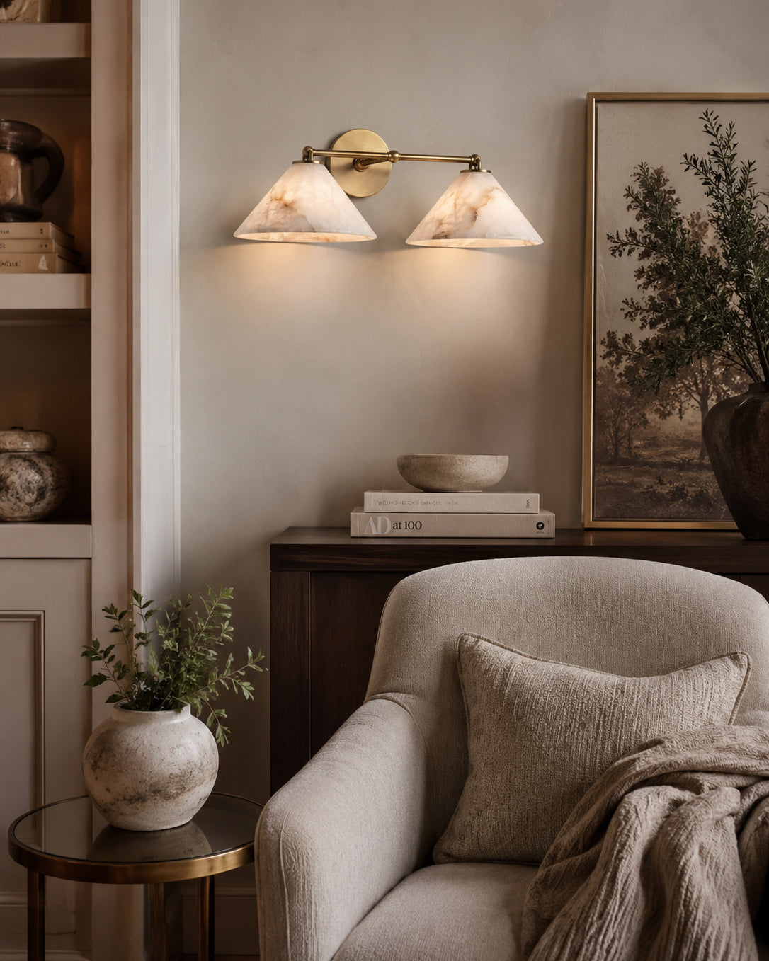Calvrane Alabaster Brass Cone Wall Sconce