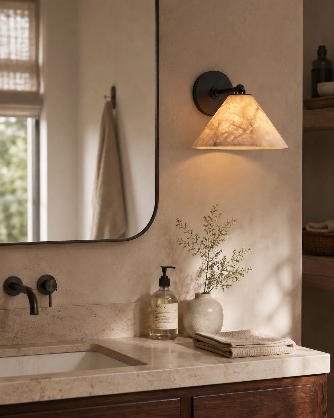 Calvrane Alabaster Brass Cone Wall Sconce