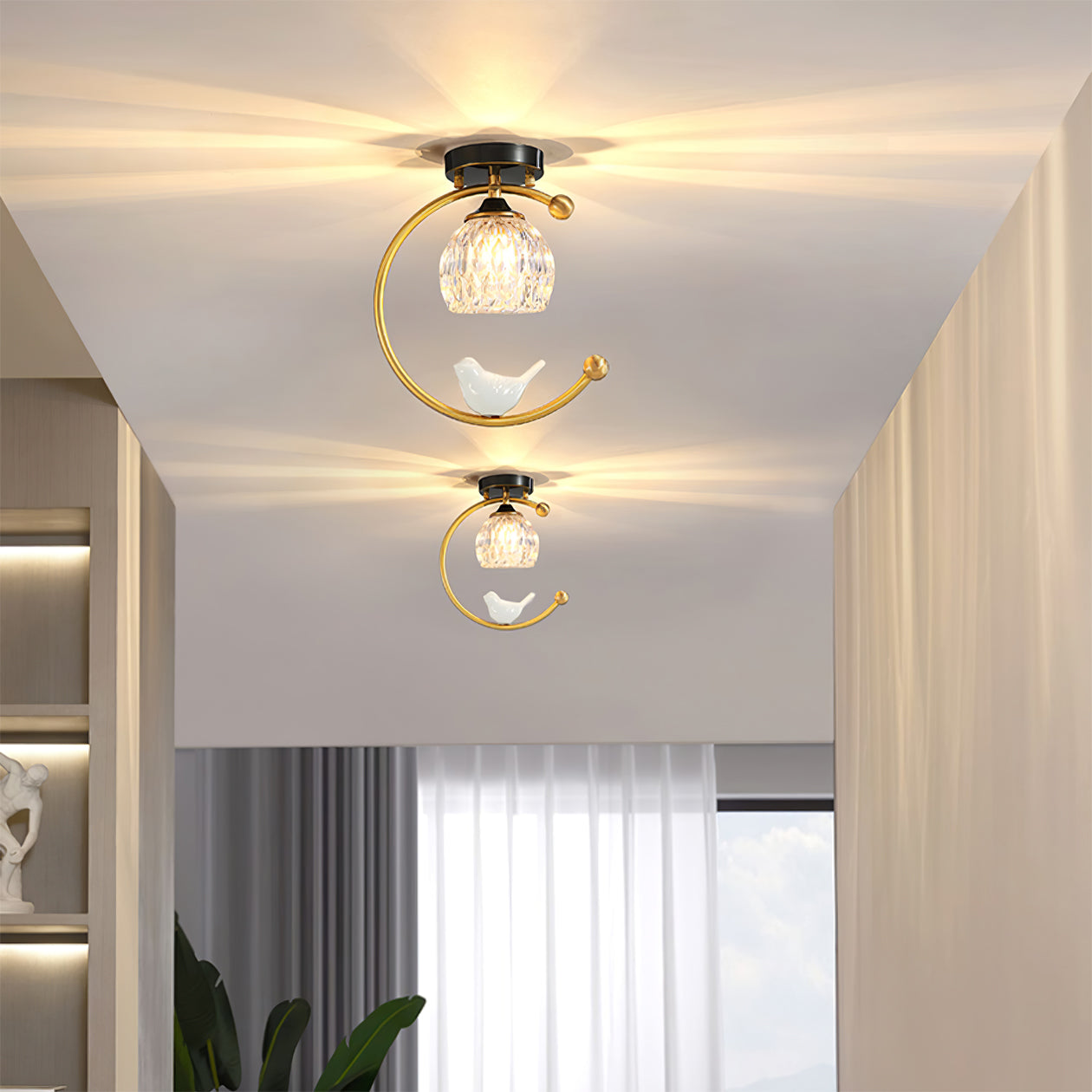 Brass Art Deco Ceramic Bird Ceiling Lamp