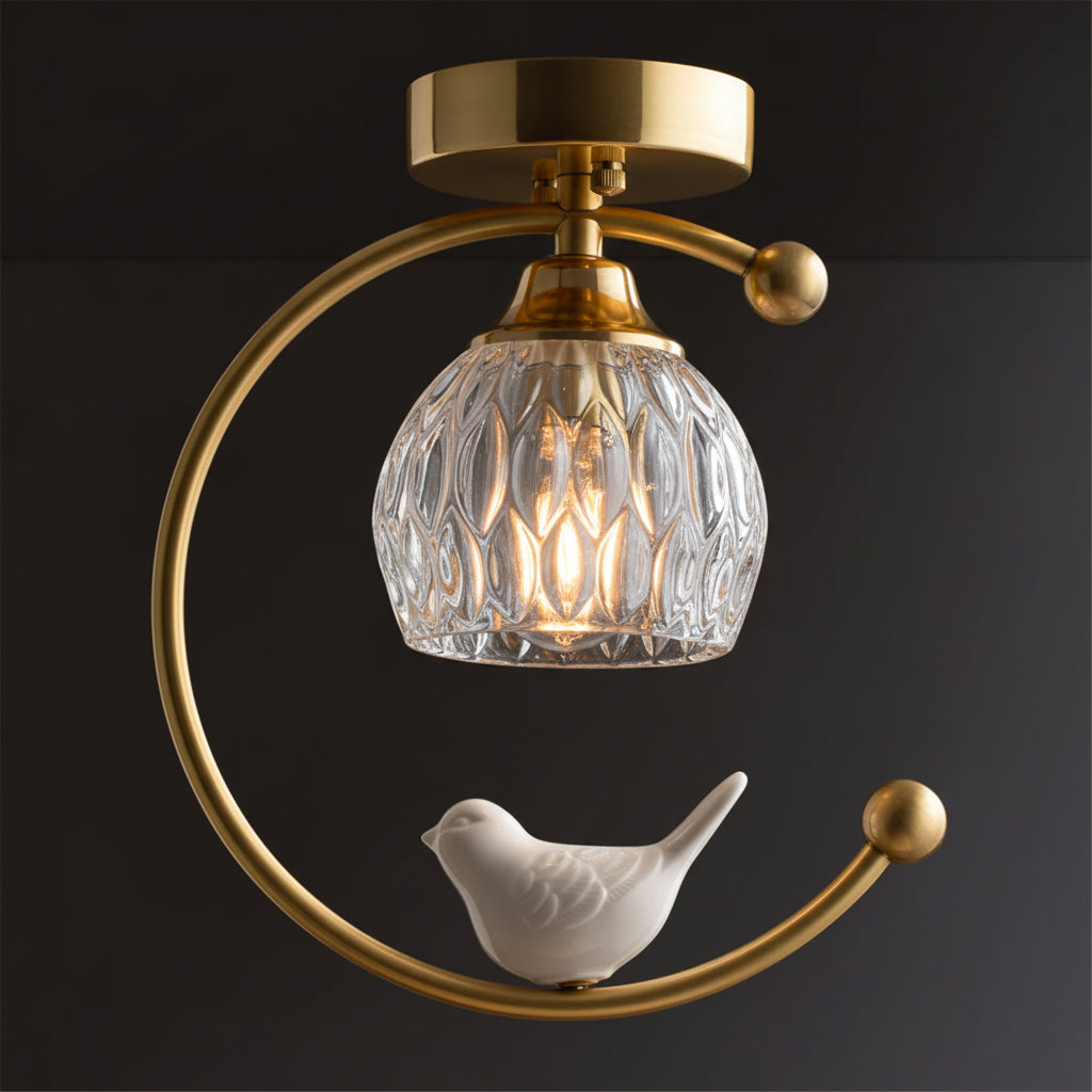 Brass Art Deco Ceramic Bird Ceiling Lamp