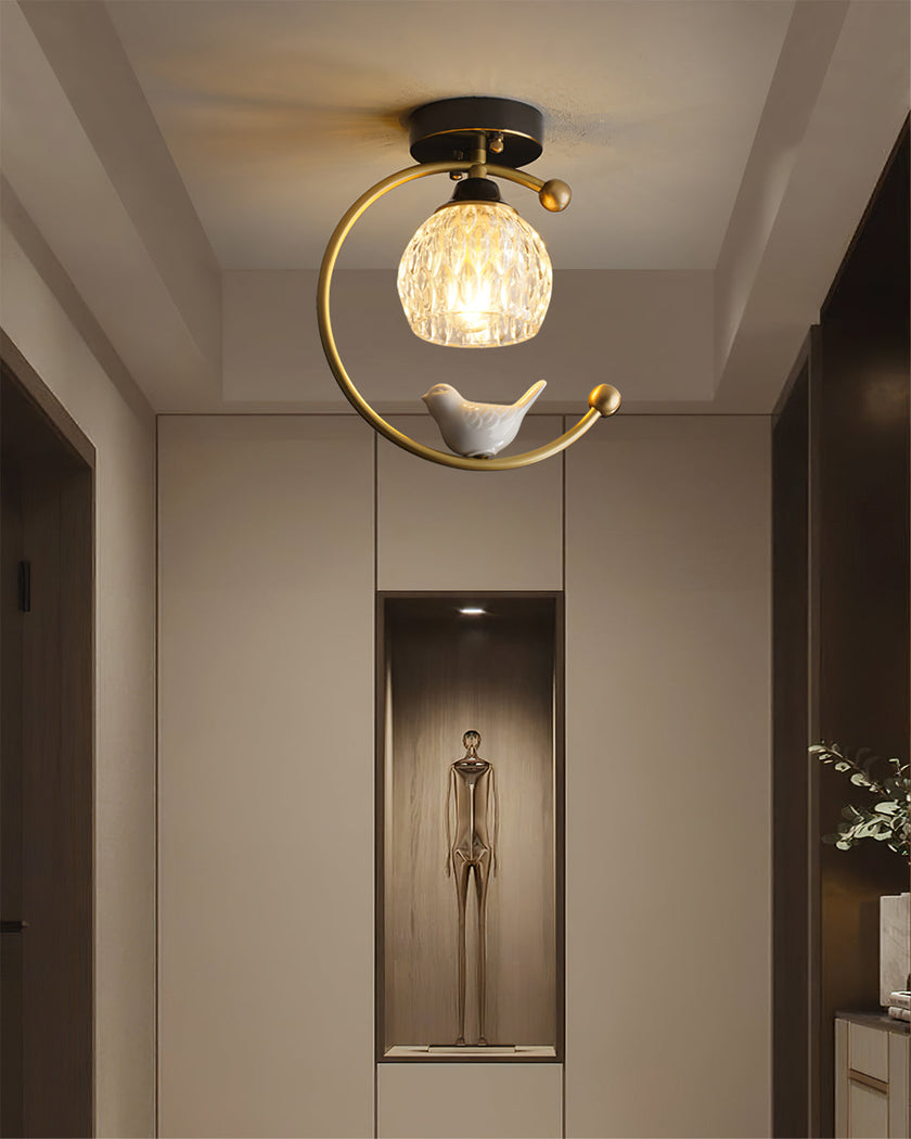 Brass Art Deco Ceramic Bird Ceiling Lamp