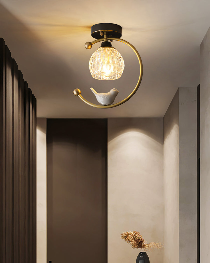 Brass Art Deco Ceramic Bird Ceiling Lamp