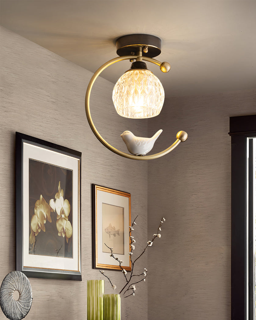 Brass Art Deco Ceramic Bird Ceiling Lamp