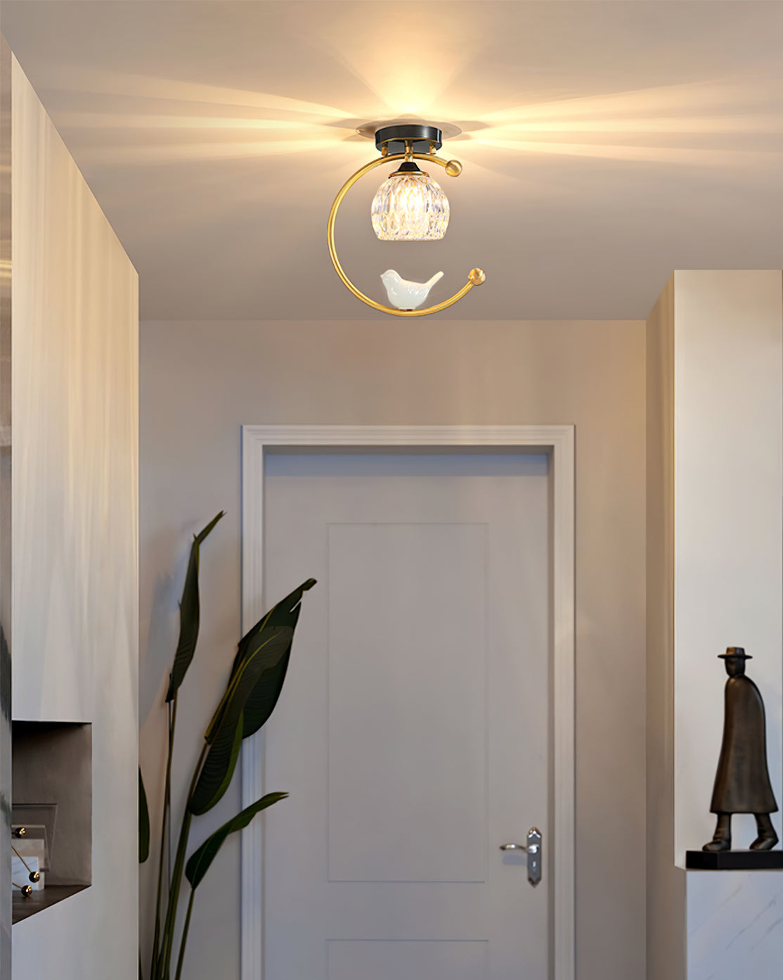 Brass Art Deco Ceramic Bird Ceiling Lamp