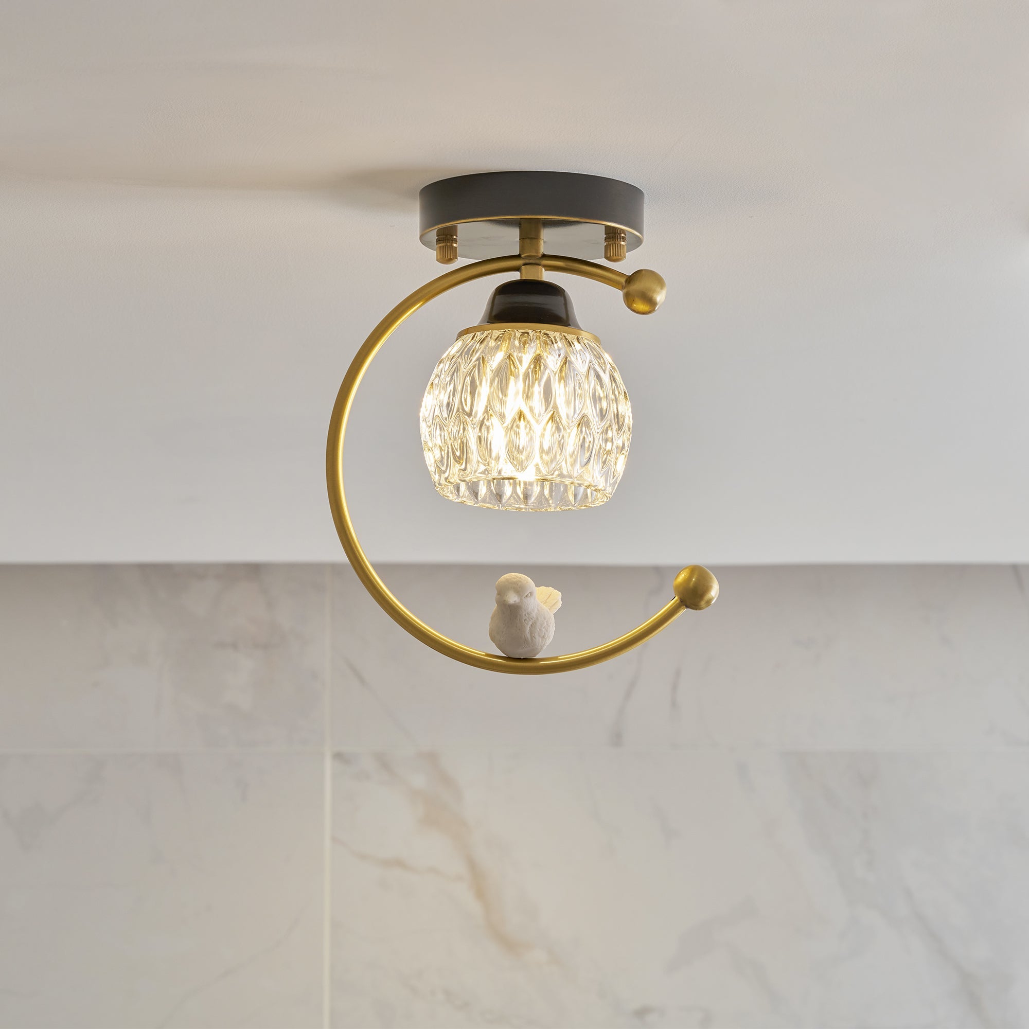 Brass Art Deco Ceramic Bird Ceiling Lamp