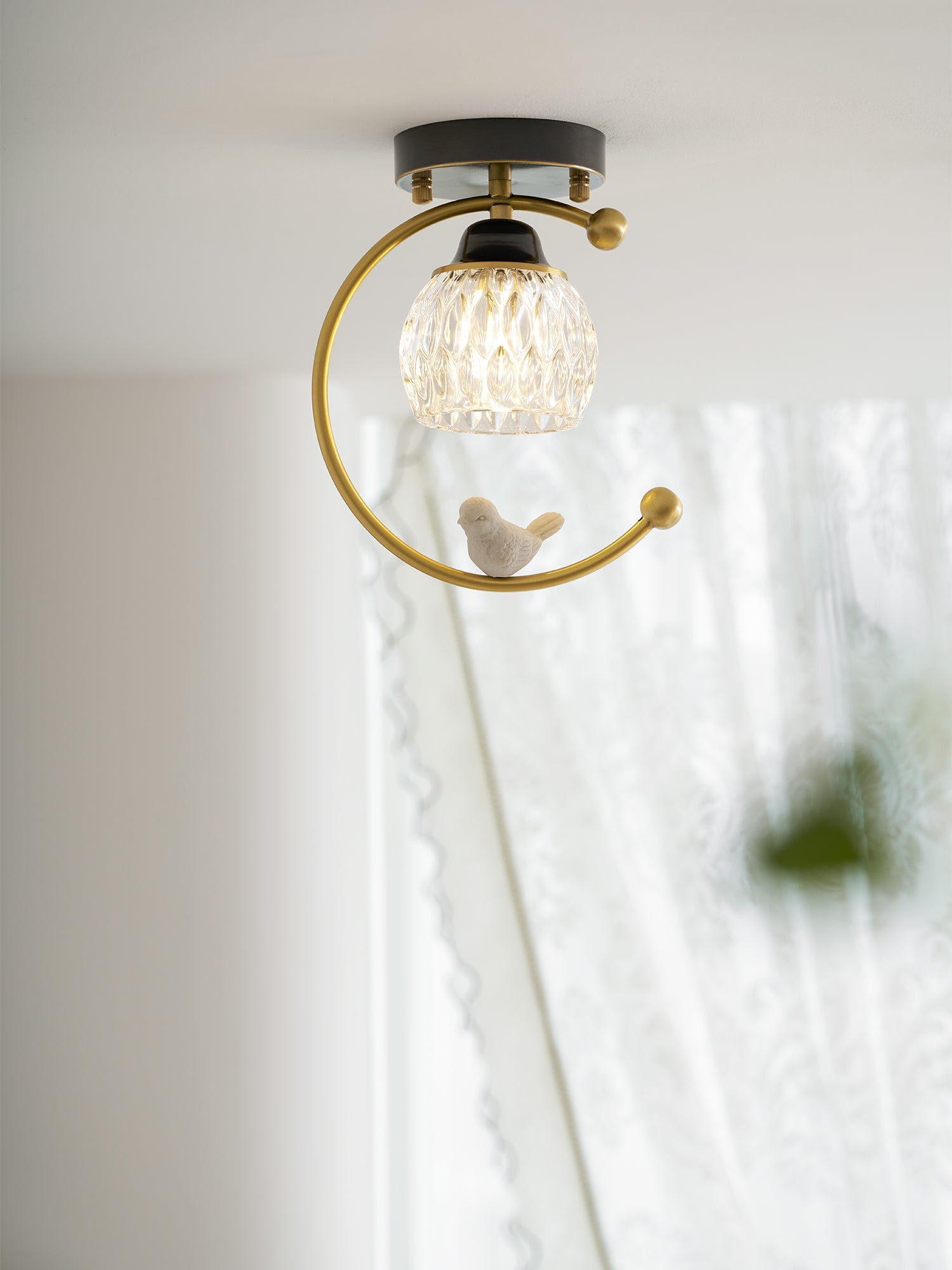 Brass Art Deco Ceramic Bird Ceiling Lamp