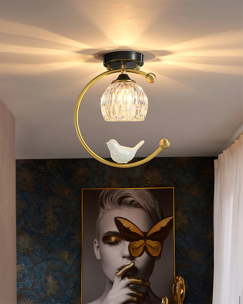 Brass Art Deco Ceramic Bird Ceiling Lamp