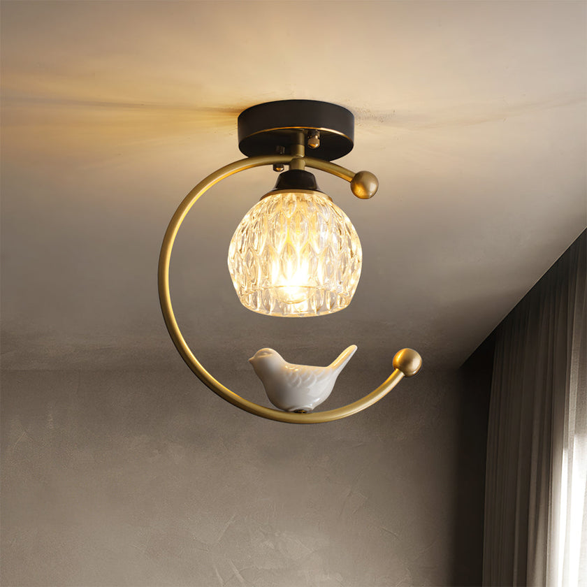 Brass Art Deco Ceramic Bird Ceiling Lamp