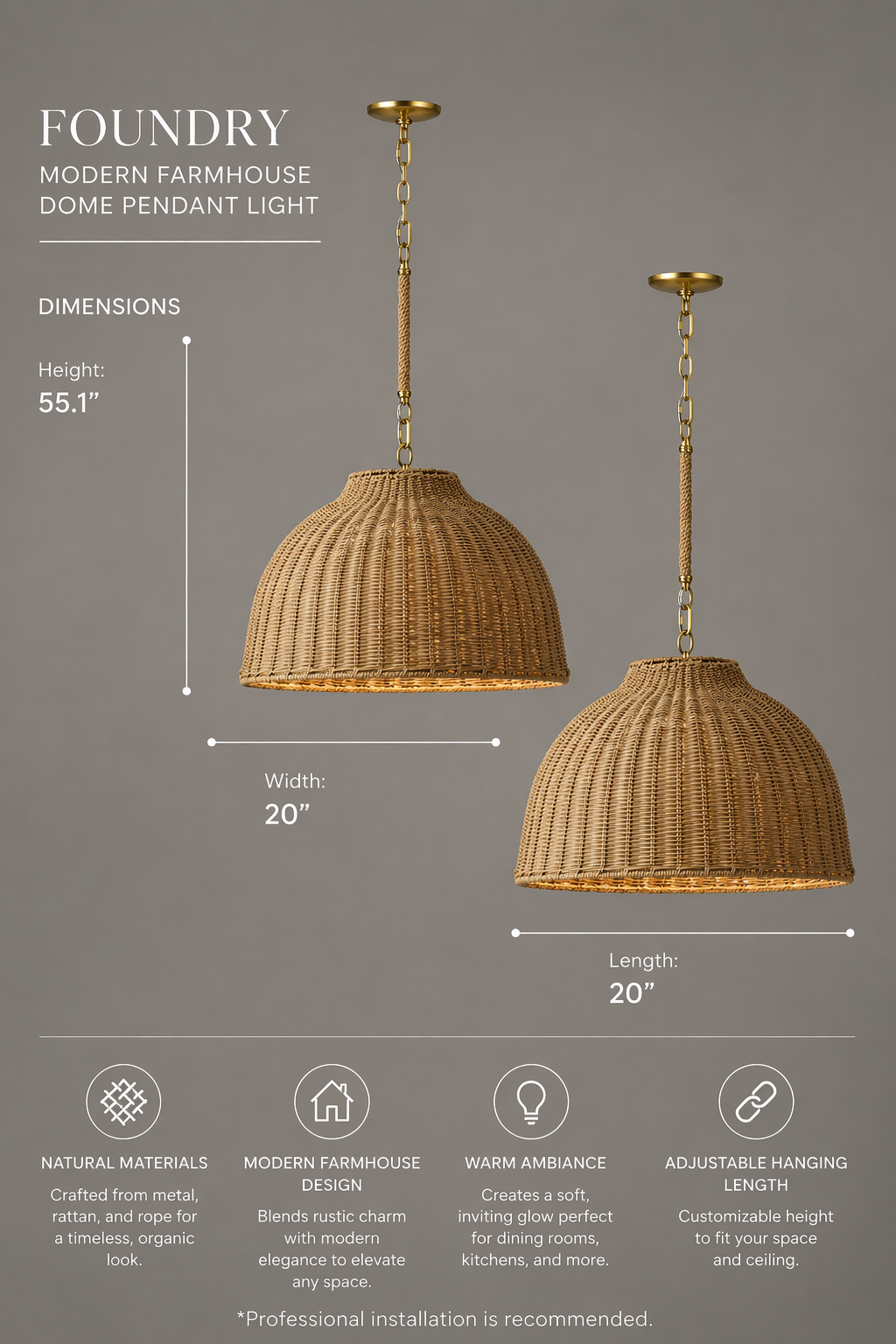 Foundry Modern Farmhouse Rattan Dome Pendant Light (Set of 2)