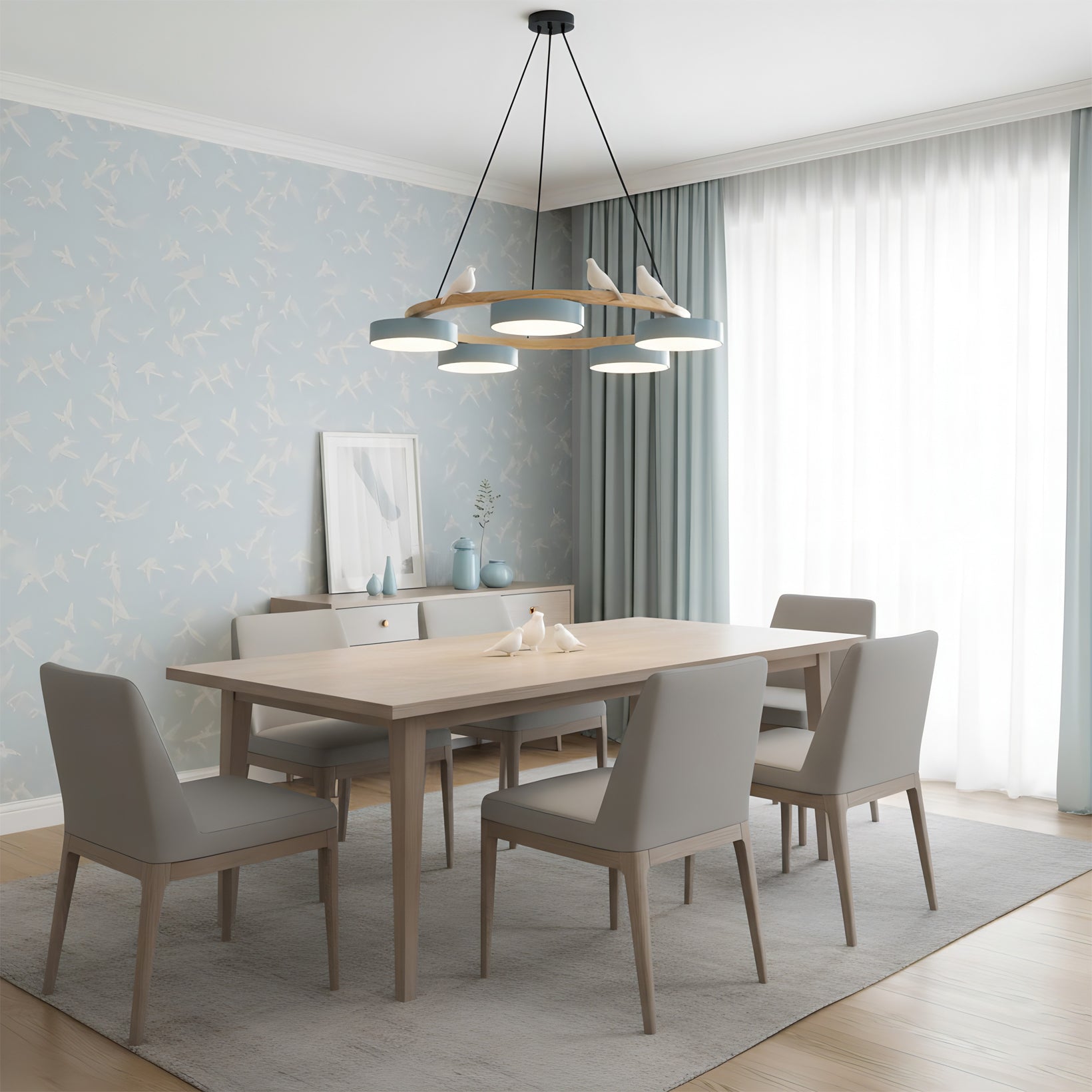 Modern Bird Resin Wood Ring Chandelier