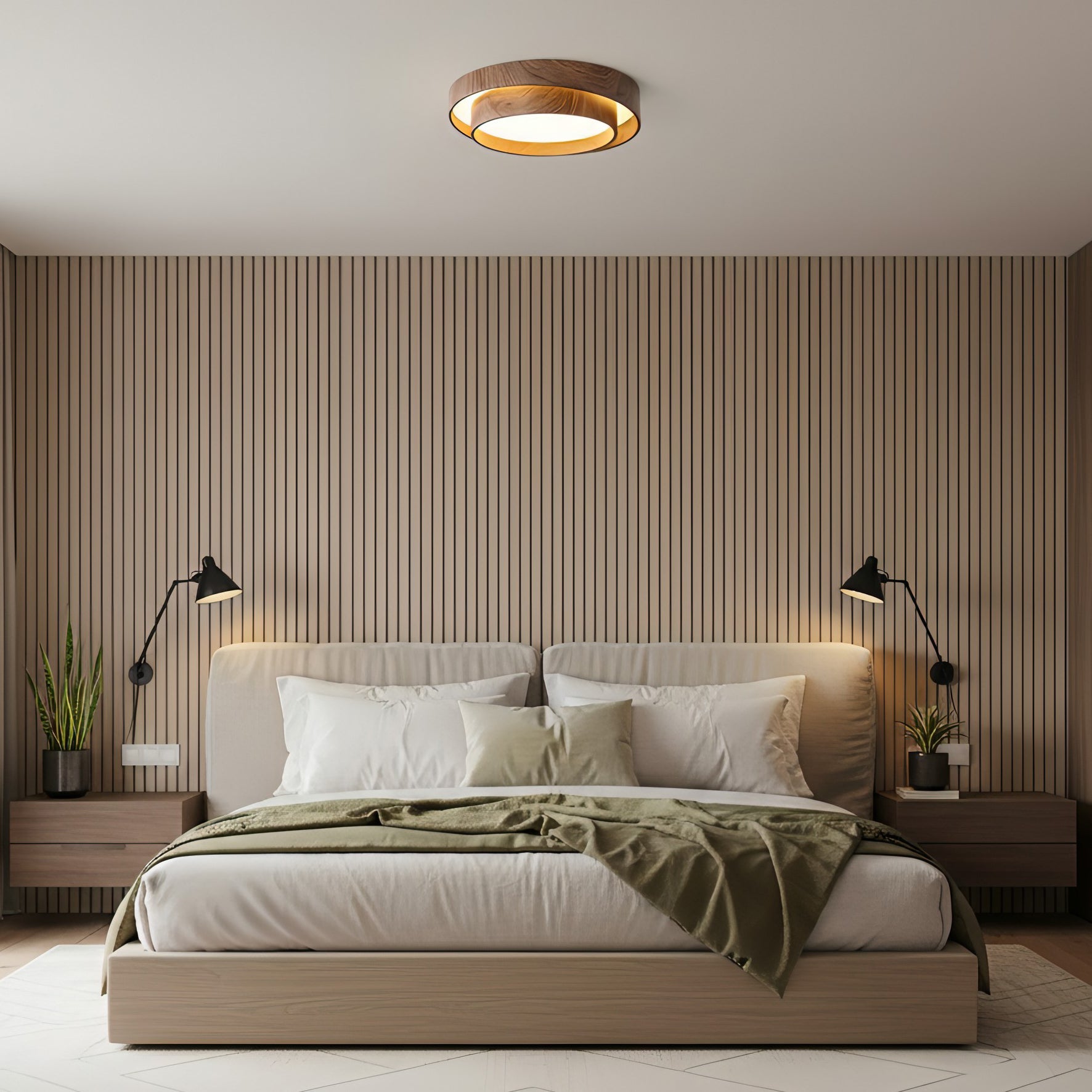 Dimmable Scandinavian Walnut LED Flush Mount Ceiling Lamp