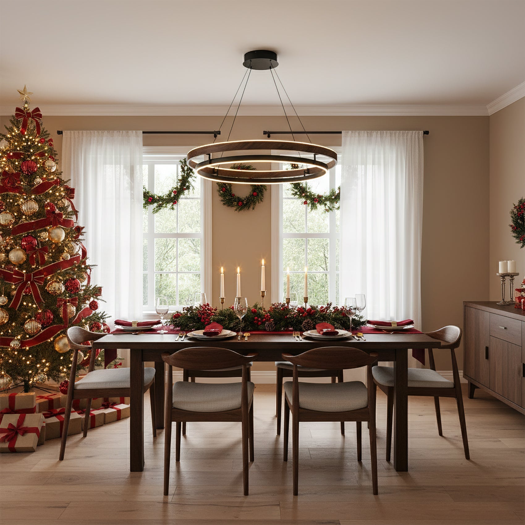 Dimmable Mid-century Double-Ring Walnut LED Chandelier