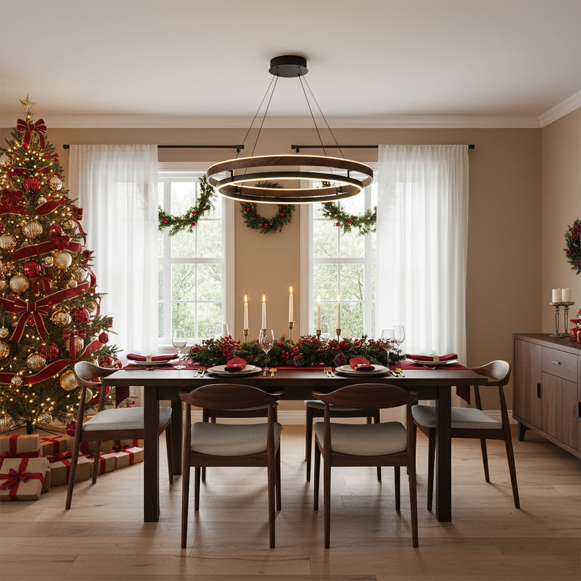 Dimmable Mid-century Double-Ring Walnut LED Chandelier