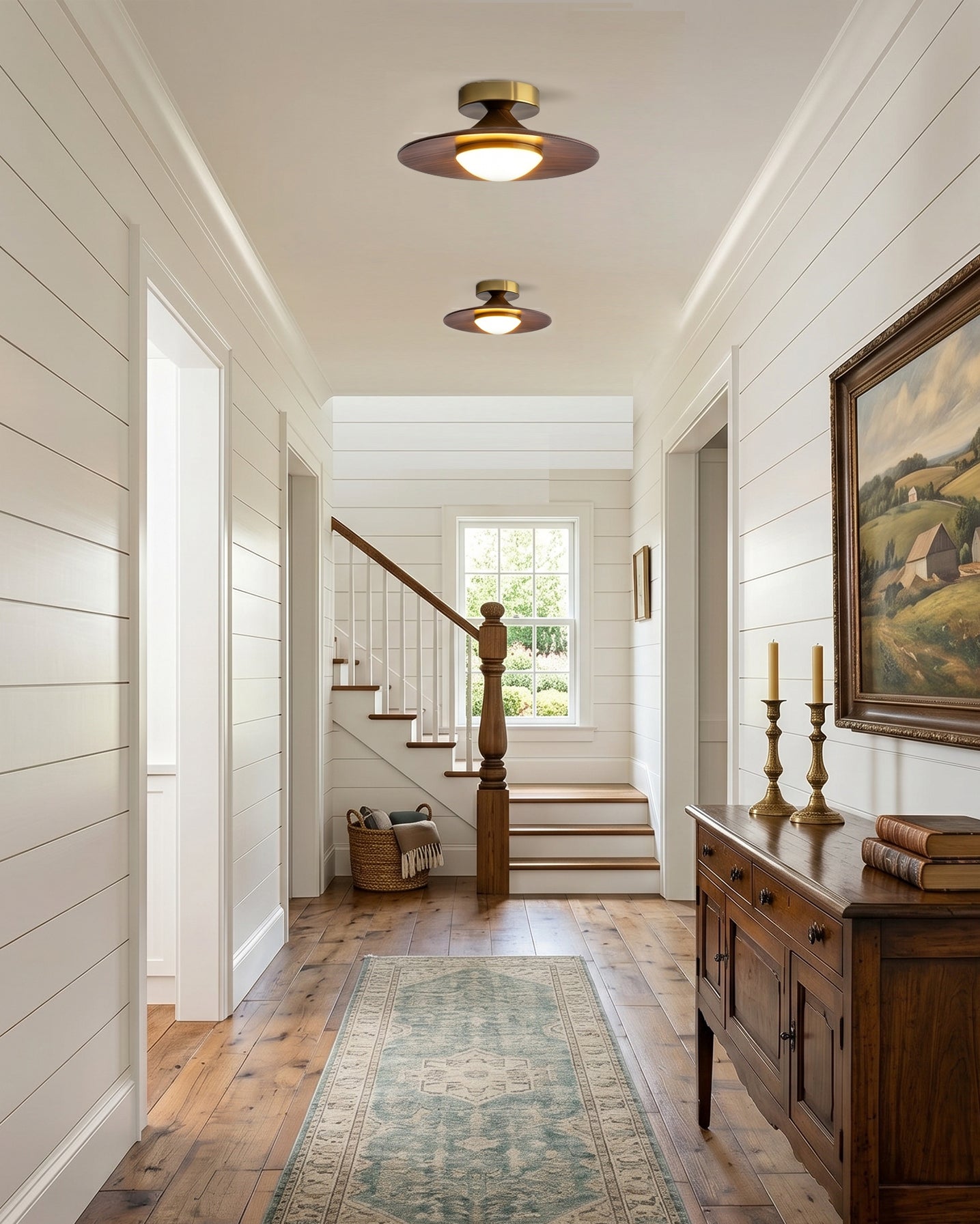 Mid-century Compact Walnut LED Flush Mount Ceiling Lamp
